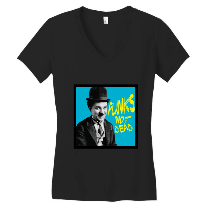 Punks Not Dead Charlie Chaplin Typographic Illustration 1 Women's V-Neck T-Shirt by cm-arts | Artistshot