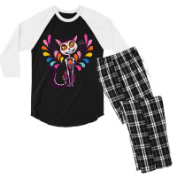 The Day Of The Dead Colored Cat Men's 3/4 Sleeve Pajama Set | Artistshot