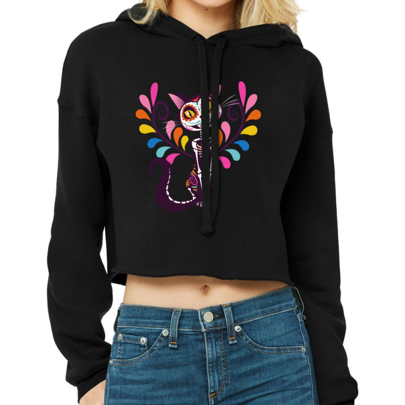 The Day Of The Dead Colored Cat Cropped Hoodie by atereabag | Artistshot