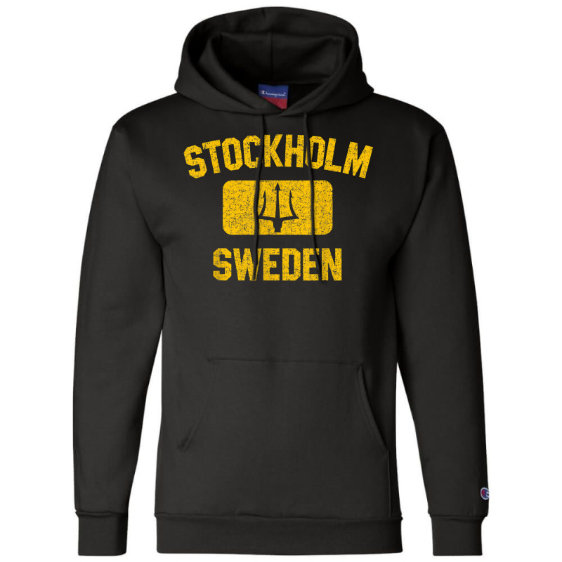 Stockholm Sweden Trident Gym Style Distressed Yellow Print Champion Hoodie | Artistshot