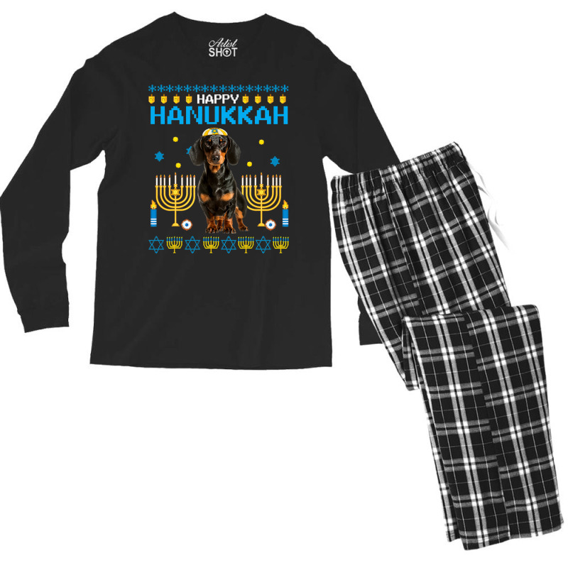 Dachshund Chanukah Jewish Ugly Hanukkah Sweater Pajama Men's Long Sleeve Pajama Set | Artistshot