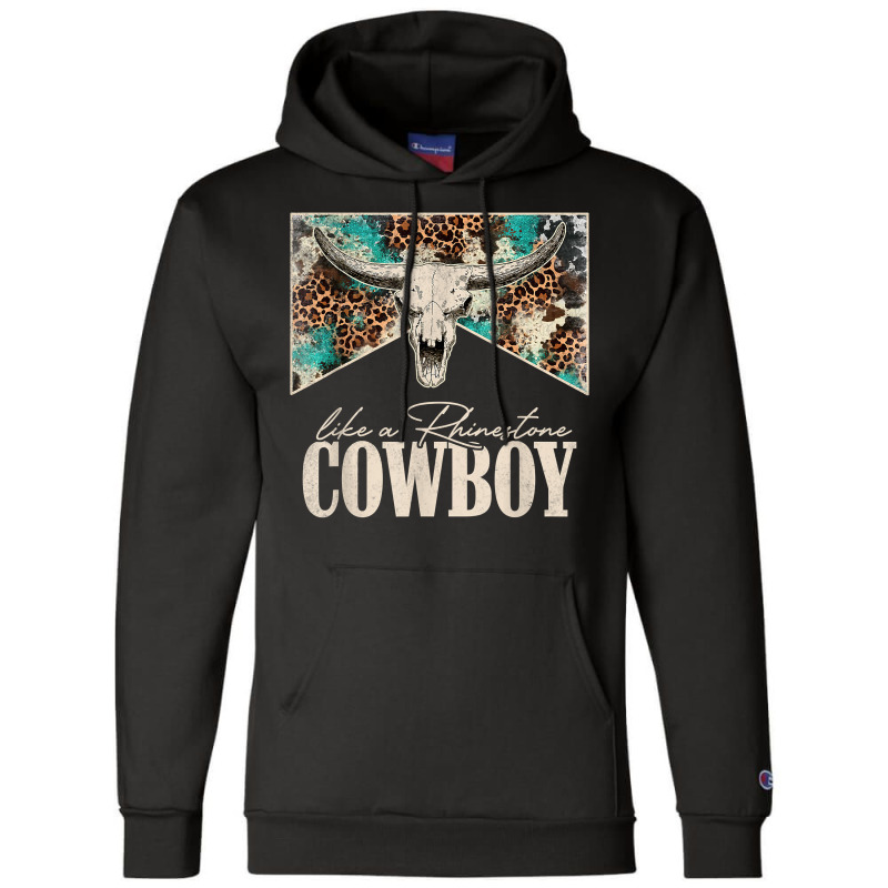 Leopard Bull Skull Western Country Like A Rhinestone Cowboy T Shirt Champion Hoodie by cm-arts | Artistshot