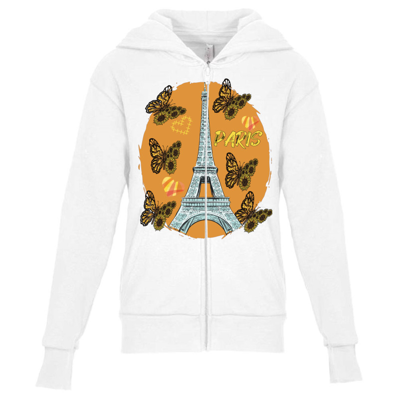 Love Paris Hearts Eiffel Tower Butterfly France Love French Long Sleev Youth Zipper Hoodie by cm-arts | Artistshot