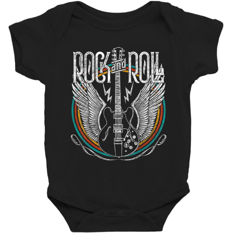 Distressed Vintage Retro 80s Rock & Roll Music Guitar Wings Baby Bodysuit by cm-arts | Artistshot