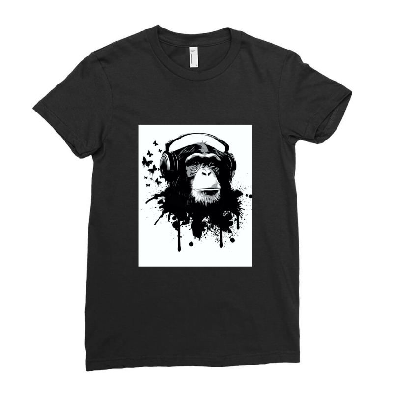 Banksy Dj Monkey Thinker With Headphones Ladies Fitted T-Shirt by cm-arts | Artistshot