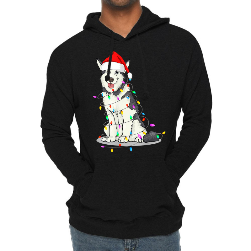 Santa Siberian Husky Christmas Hat Lights Xmas Dog Lover Lightweight Hoodie by Renew | Artistshot