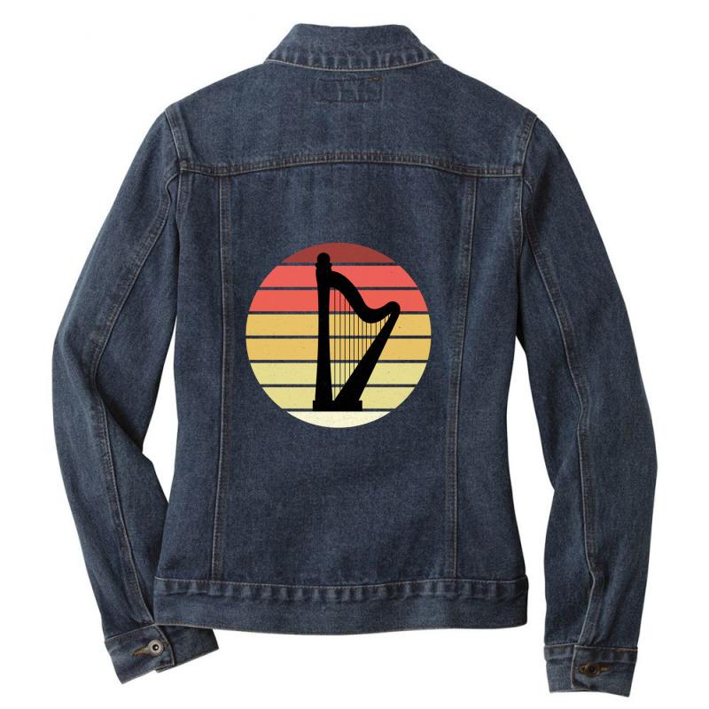 Harp Music Instrument Vintage Sunset Ladies Denim Jacket by MarlonChristopherMoyer | Artistshot