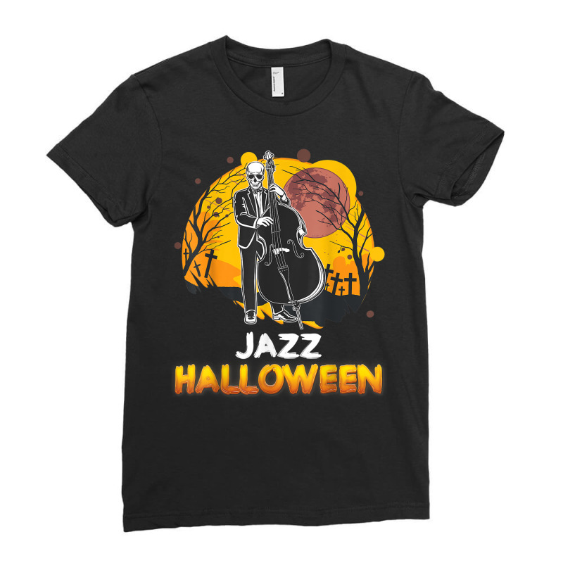 Jazz Halloween Musician Skeleton Contrabass Cello Pumpkin Ladies Fitted T-Shirt by Sombre | Artistshot