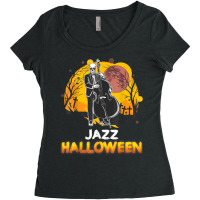 Jazz Halloween Musician Skeleton Contrabass Cello Pumpkin Women's Triblend Scoop T-shirt | Artistshot