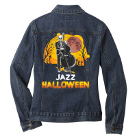 Jazz Halloween Musician Skeleton Contrabass Cello Pumpkin Ladies Denim Jacket | Artistshot