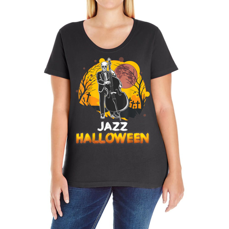 Jazz Halloween Musician Skeleton Contrabass Cello Pumpkin Ladies Curvy T-Shirt by Sombre | Artistshot