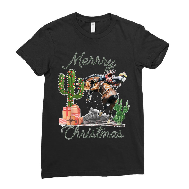 Rodeo Bucking Horse Western Cactus Cowboy Christmas Matching Ladies Fitted T-Shirt by RogerKyleFox | Artistshot