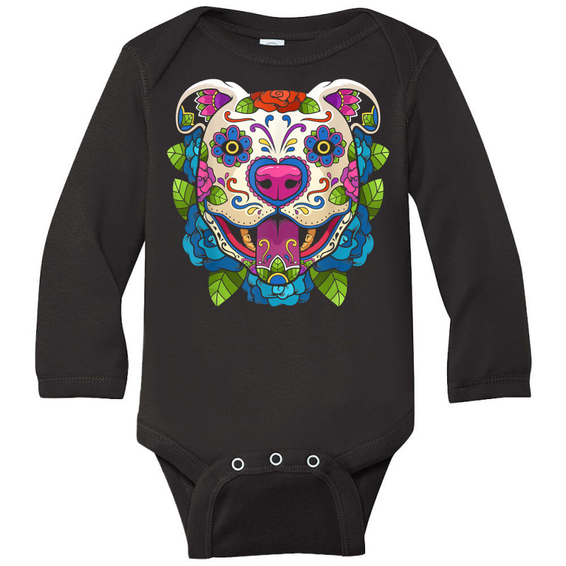 Pit Bull Sugar Skull Mexico Dog Calavera Dia De Los Muertos T Shirt Long Sleeve Baby Bodysuit by cm-arts | Artistshot