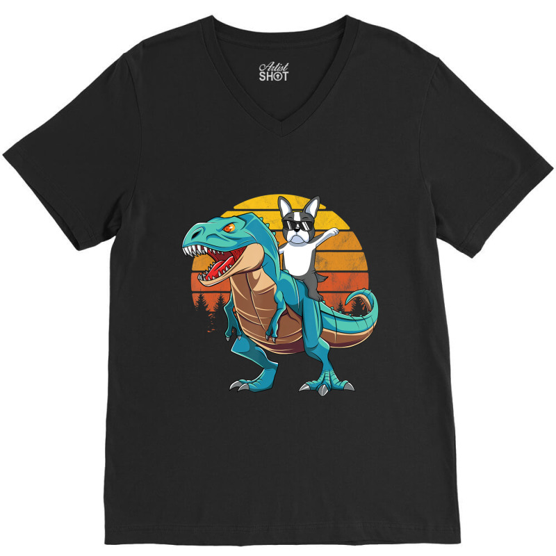 Boson Errier Dog Riding Dinosaur Rex Boys V-Neck Tee by Konlasa6638 | Artistshot