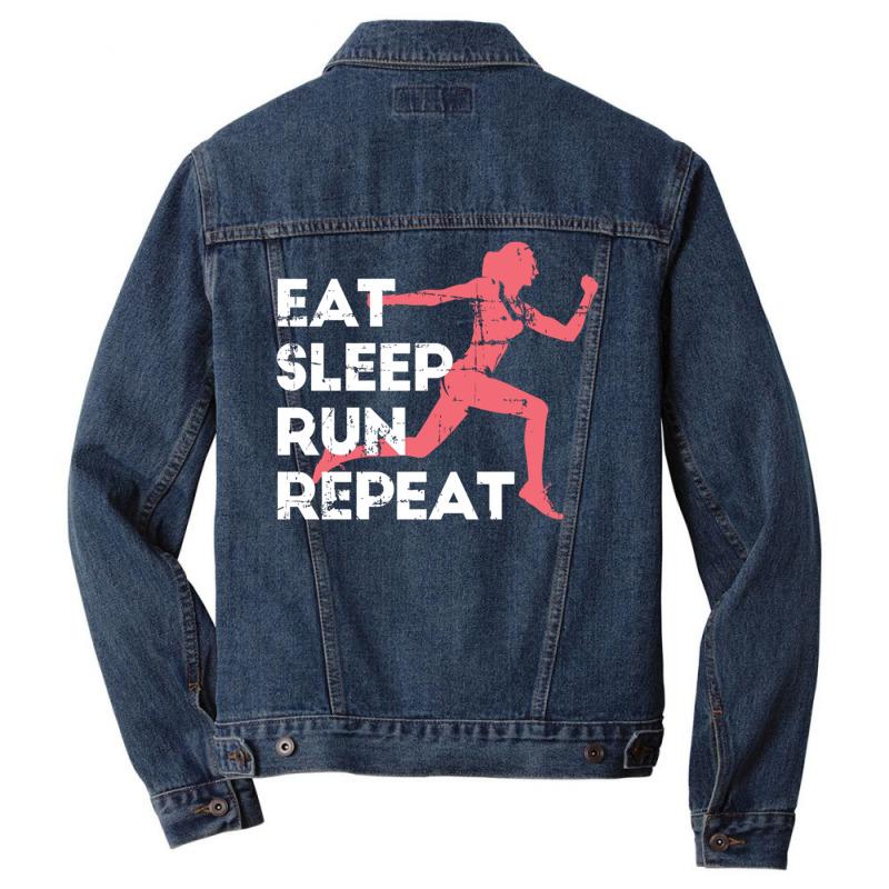 Eat Sleep Run Repeat Track And Field Girl Marathon Running Pullover Ho Men Denim Jacket by cm-arts | Artistshot