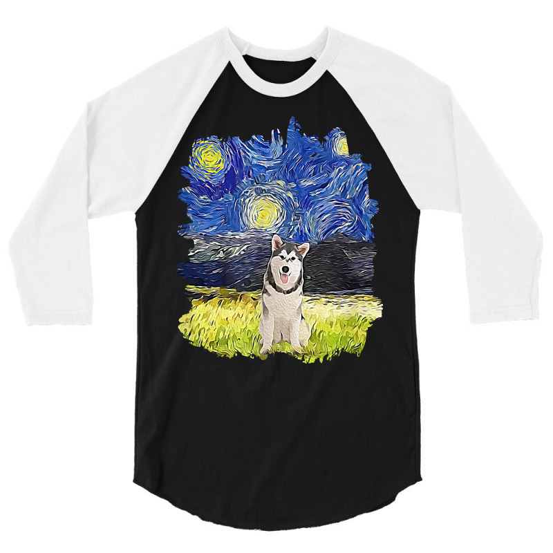 Starry Night Impressionist   Dog Art Alaskan Malamute T Shirt 3/4 Sleeve Shirt | Artistshot