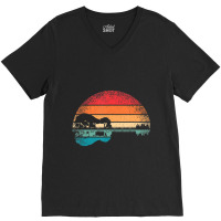 Retro Acoustic Guitar Lake Sunset Guitarist Music Lover V-neck Tee | Artistshot