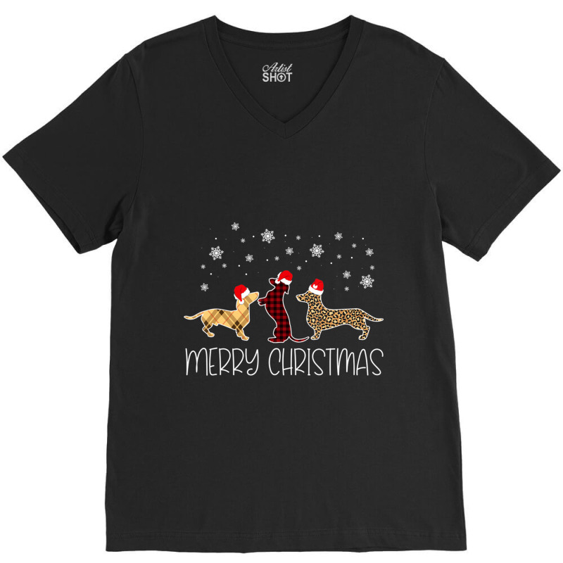 Dachshund Merry Christmas Cute Plaid Leopard Doxie Dog X-mas V-Neck Tee by cm-arts | Artistshot