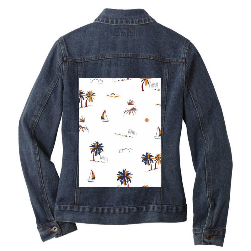 Beautiful Hand Drawn Summer Island Vacation Mood Paradise Seamless Pat Ladies Denim Jacket by cm-arts | Artistshot