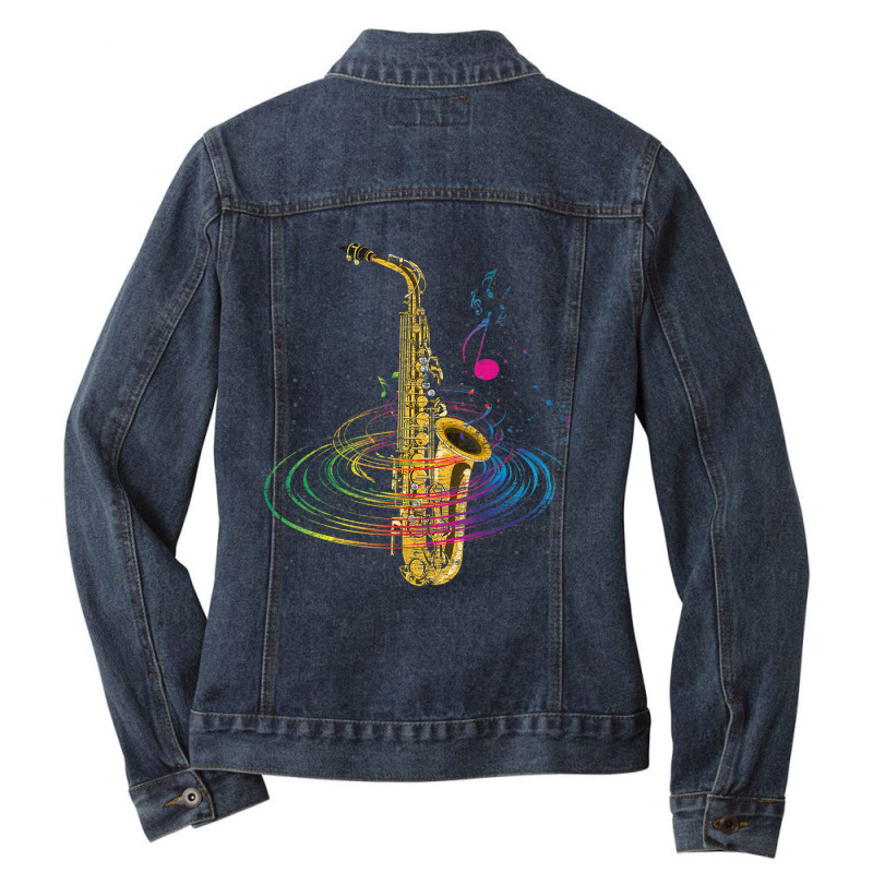 Sax Player Saxophonist Music Notes Saxophone Ladies Denim Jacket by Kosdapen517 | Artistshot