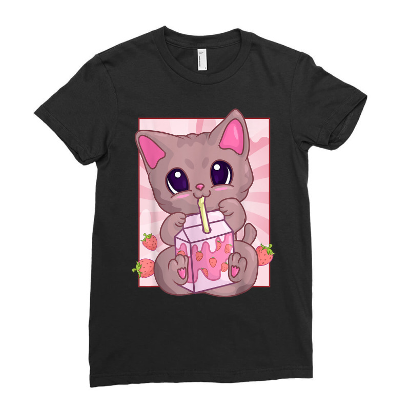 Strawberry Milkshake Cat For Women Girls, Kawaii Maneki Neko T Shirt Ladies Fitted T-Shirt by cm-arts | Artistshot