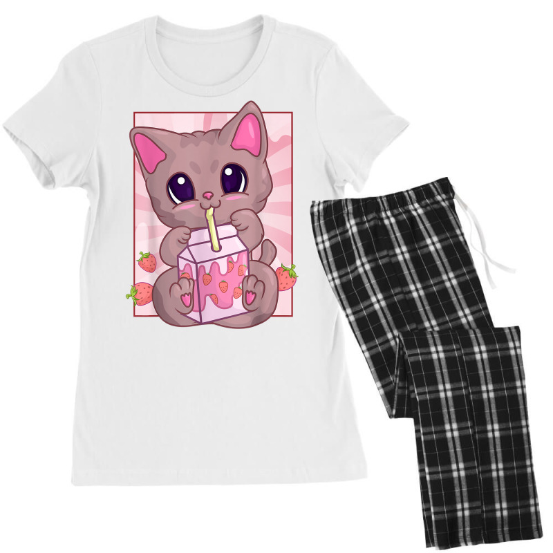 Strawberry Milkshake Cat For Women Girls, Kawaii Maneki Neko T Shirt Women's Pajamas Set by cm-arts | Artistshot