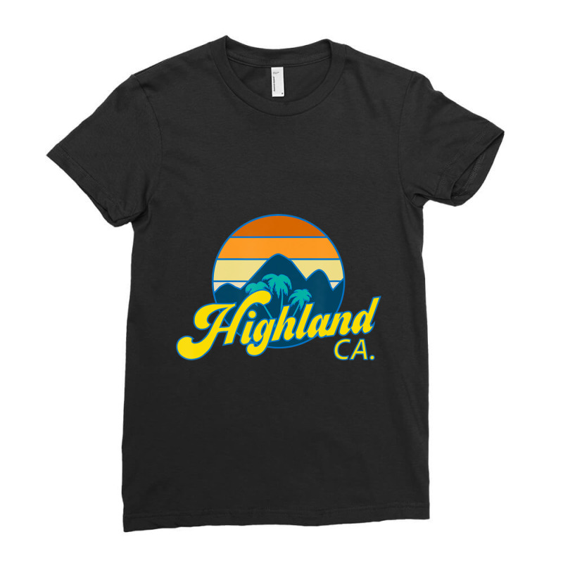 Vintage 70's Style Sunset And Palm Trees Highland California Ladies Fitted T-Shirt by Kosdapen517 | Artistshot