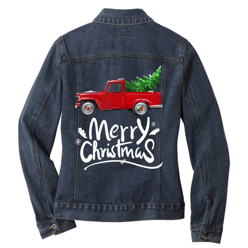 Vintage Wagon Red Truck Christmas Tree Pajama Ladies Denim Jacket by cm-arts | Artistshot