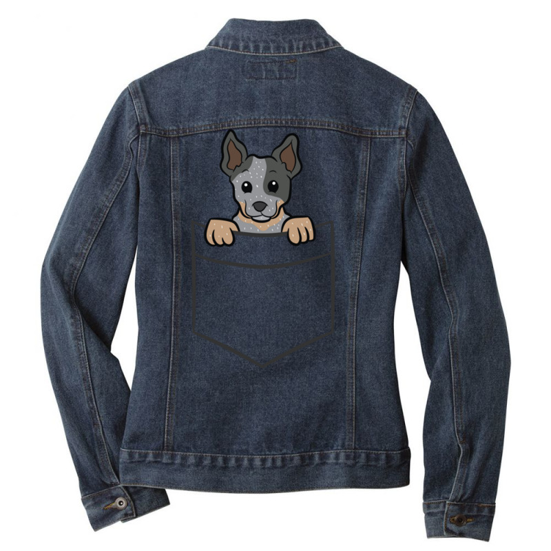 Blue Heeler In A Pocket Australian Cattle Dog Long Sleeve T Shirt Ladies Denim Jacket by cm-arts | Artistshot