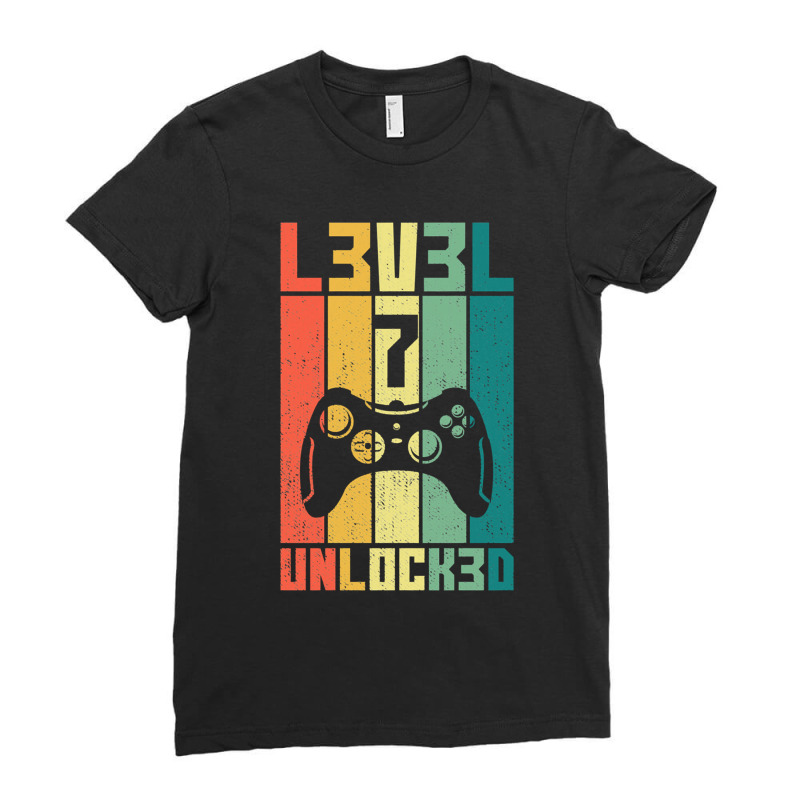 Level 7 Unlocked Vintage Gamer 7th Birthday Gift Ladies Fitted T-Shirt by LUISRIVER | Artistshot