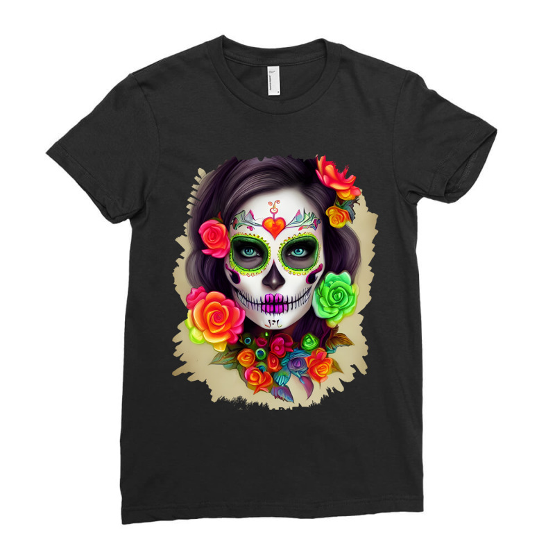 Zombie In Graveyard   Day Of The Dead Sugar Skull Calavera Catrina   P Ladies Fitted T-Shirt by NOAHOGLESBY | Artistshot