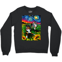 Australian Shepherds And Sunflowers Starry Night Dog By Aja Crewneck Sweatshirt | Artistshot