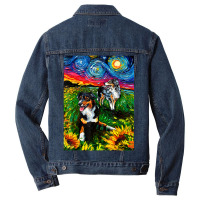 Australian Shepherds And Sunflowers Starry Night Dog By Aja Men Denim Jacket | Artistshot