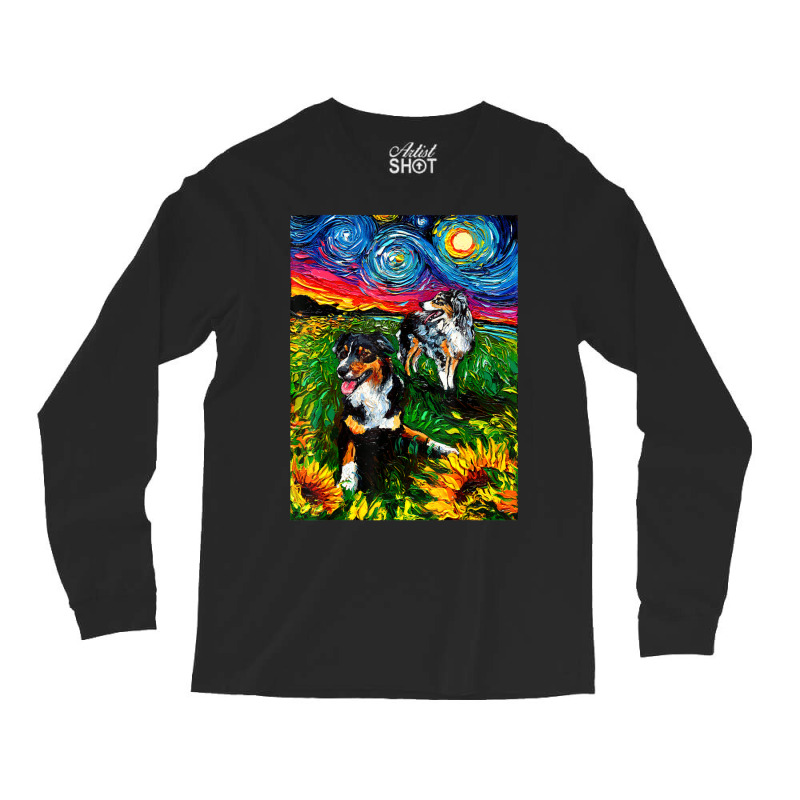 Australian Shepherds And Sunflowers Starry Night Dog By Aja Long Sleeve Shirts by vucongha | Artistshot