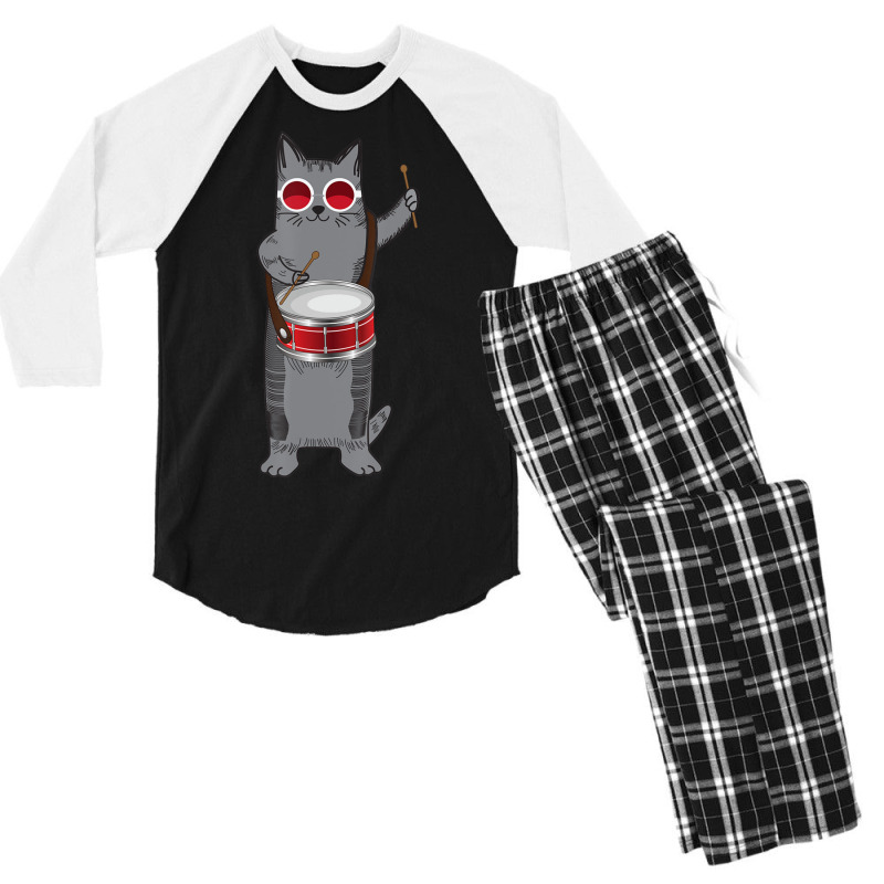 Cool Cat Playing The Snare Drum Hippy Percussionist Kitty Men's 3/4 Sleeve Pajama Set | Artistshot