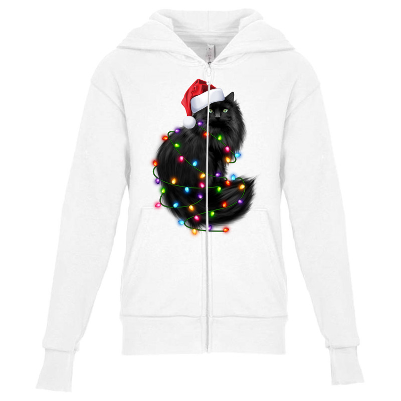 Santa Black Cat Tangled Up In Christmas Tree Lights Holiday Long Sleev Youth Zipper Hoodie by cm-arts | Artistshot