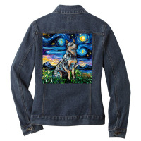 Blue Heeler Starry Night Australian Cattle Dog Art By Aja Ladies Denim Jacket | Artistshot