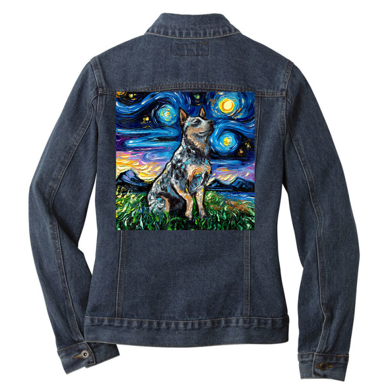 Blue Heeler Starry Night Australian Cattle Dog Art By Aja Ladies Denim Jacket by vucongha | Artistshot