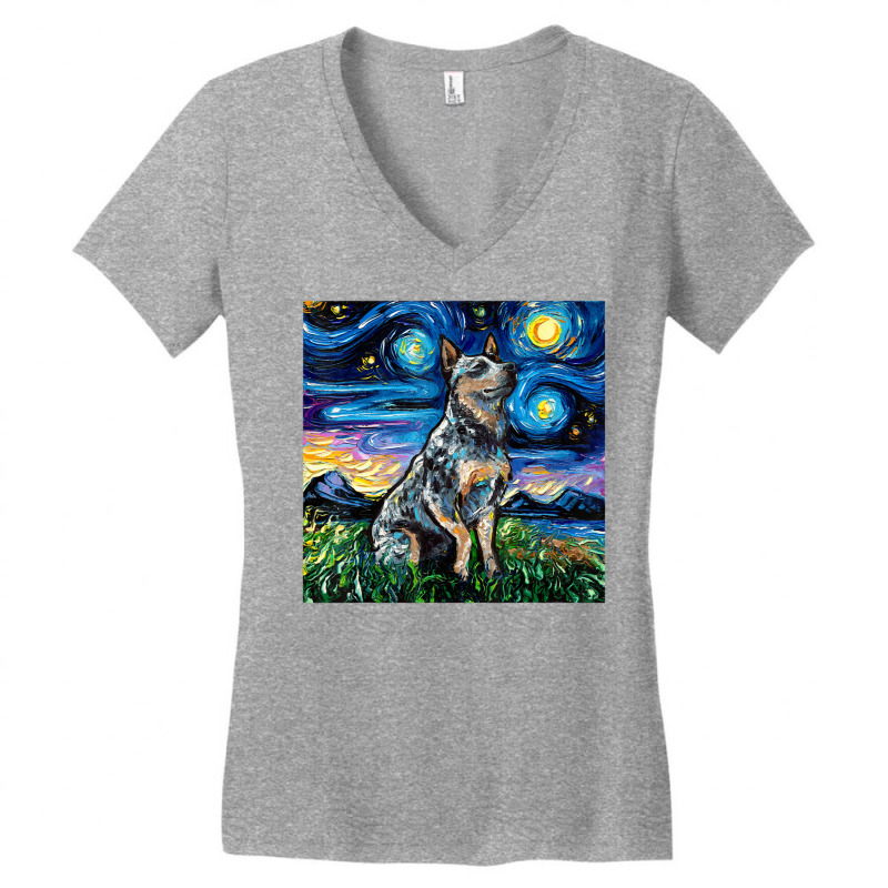 Blue Heeler Starry Night Australian Cattle Dog Art By Aja Women's V-Neck T-Shirt by vucongha | Artistshot