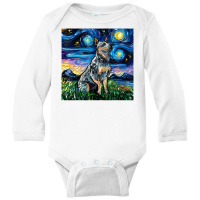 Blue Heeler Starry Night Australian Cattle Dog Art By Aja Long Sleeve Baby Bodysuit | Artistshot