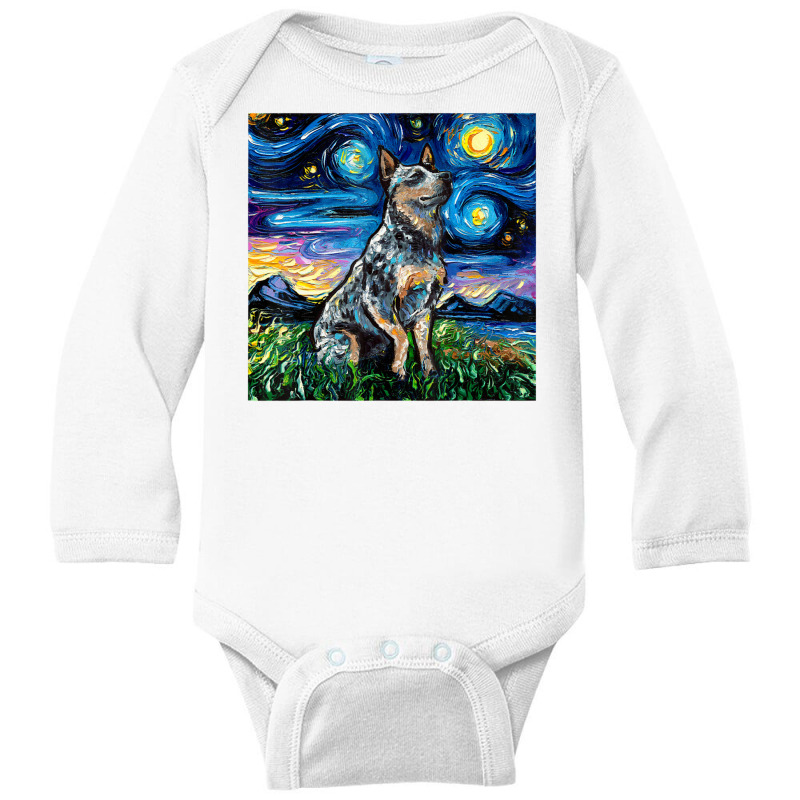 Blue Heeler Starry Night Australian Cattle Dog Art By Aja Long Sleeve Baby Bodysuit by vucongha | Artistshot