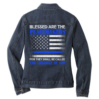 Blessed Are The Peacemakers   Blue Line Police Bible Verse Pullover Ho Ladies Denim Jacket | Artistshot