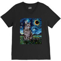 Gray Tabby Tiger Cat Starry Night Moon And Stars Art By Aja V-neck Tee | Artistshot