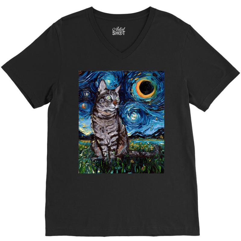 Gray Tabby Tiger Cat Starry Night Moon And Stars Art By Aja V-Neck Tee by vucongha | Artistshot