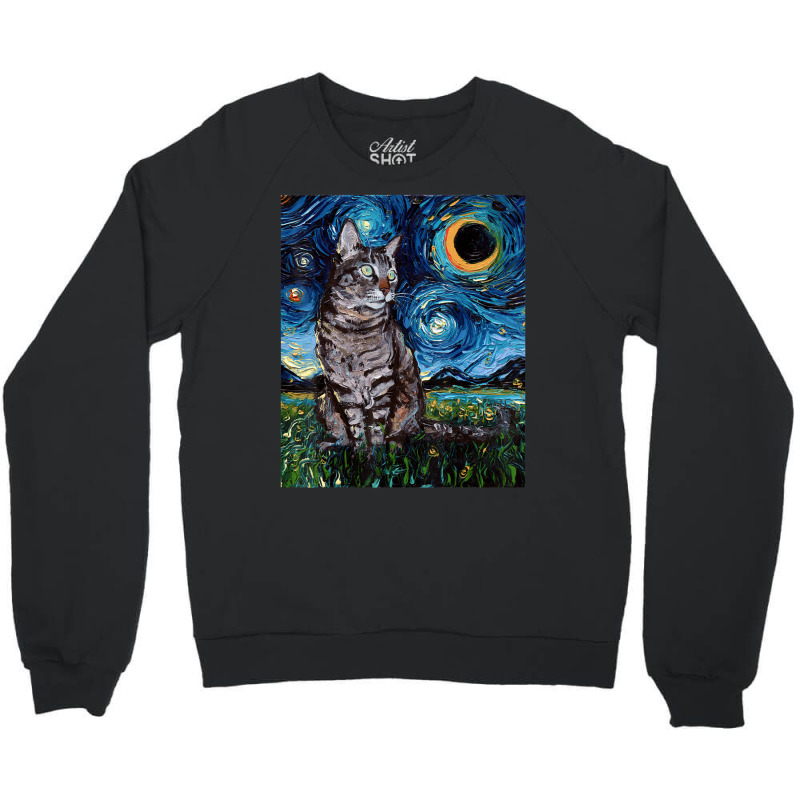 Gray Tabby Tiger Cat Starry Night Moon And Stars Art By Aja Crewneck Sweatshirt by vucongha | Artistshot