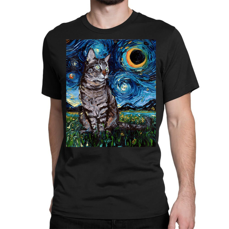 Gray Tabby Tiger Cat Starry Night Moon And Stars Art By Aja Classic T-shirt by vucongha | Artistshot