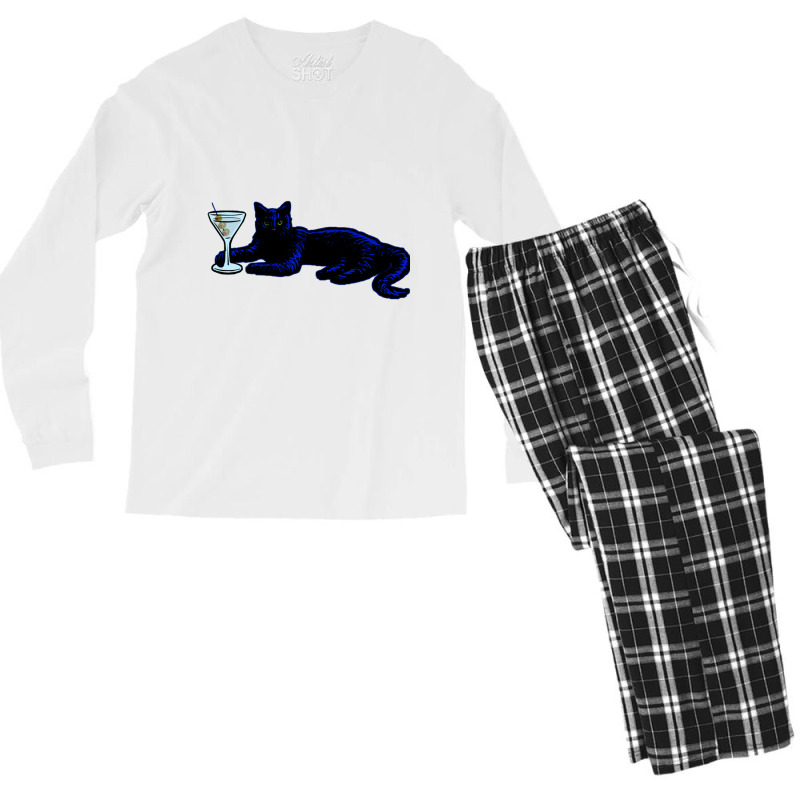 Classy Black Kitty Chillin With Martini - Party Time Feline Men's Long Sleeve Pajama Set | Artistshot