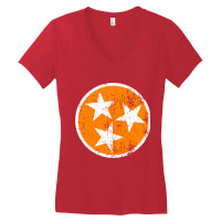 Distressed 3 Star Tn State Orange And White Tennessee Flag Long Sleeve Women's V-neck T-shirt | Artistshot