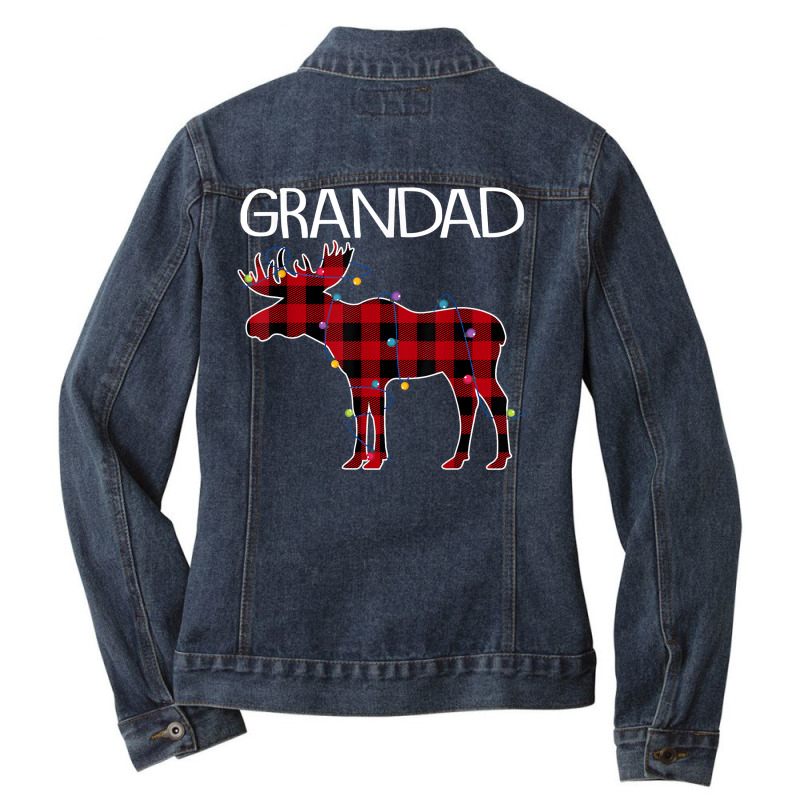 Grandad Moose Buffalo Plaid Lights Christmas Matching Family T Shirt Ladies Denim Jacket by cm-arts | Artistshot