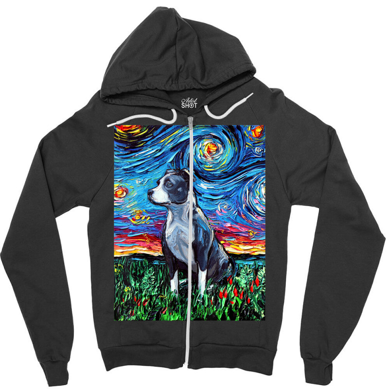 Pitbull Full Version Starry Night Dog Art By Aja Zipper Hoodie | Artistshot